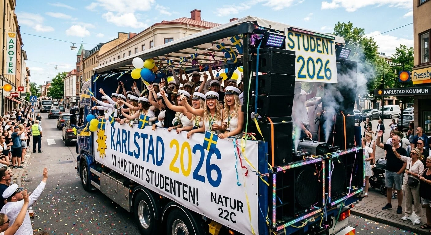 Studentflak i Karlstad med ljudrigg, publik och firande studenter